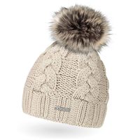 Damen Strick-Mütze gefüttert Fell-Bommel Kunstfell Winter-Mütze Feinstrick mit