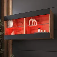 Komodee, Hängende Vitrine Schrank Tivoli, Schwarz/Wotan, Breite 100cm x Höhe 50cm x Tiefe 29cm, LED RGB, 2 Regalböden, für Wohnzimmer, Schlafzimmer, Eingang