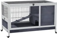 PawHut klec pro malá zvířata s kolečky, domeček pro malá zvířata klec pro malá zvířata z jedlového dřeva, klec pro morčata klec pro morčata, 90 x 53 x 59 cm, tmavě šedá+bílá