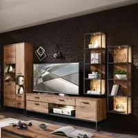 Industrial-Design TV-Wohnwand MINNEAPOLIS-55 in Haveleiche Cognac Nachbildung mit Matera anthrazit, B/H/T ca: 320/196/48 cm