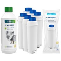 Wessper Set: 6x Wessper AquaLunga Wasserfilterpatrone für DeLonghi Kaffeemaschinen (Ersatz SER3017 DLS C002) + Wessper CleanMax 500ml Entkalker