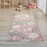 Kinderteppich Kinderzimmerteppich Regenbogen mit Wolken und Herzen in rosa Größe - 80 x 150 cm