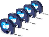5x Telano 91201 kompatibel Etikettenband als Ersatz für Dymo Letratag Band für LT-100H LT-100T XR, Kunststoff Etiketten Schriftband S0721660 Schwarz auf Weiß 12mm x 4m - 91201