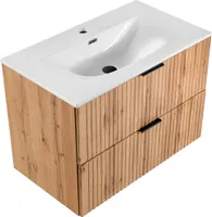 Waschtischunterschrank mit Waschbecken 80cm ADELAIDE-56 Wotaneiche mit gerillter Front, B/H/T ca. 81/58,5/46 cm