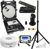 PremiumX Camping Satelliten Anlage Satellitenschüssel HD TV Receiver SAT-Finder Single LNB 10m Kabel im Koffer Stativ