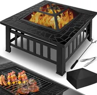 KESSER® Feuerstelle mit Grillrost & Grillzange Feuerschale 82x82x50cm, 3in1 Multifunktional Fire Pit für Heizung/BBQ Grill, Garten Terrasse , Metall Feuerkorb mit Schutzhülle Schürhaken Funkenschutz