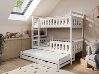Etagenbett »Hochbett KEV für 3 Kinder 90x200 Weiß« (Vollholz massiv, mit Rausfallschutz, Lattenrost und 2 Schubladen), in 2 Betten umbaubar .
