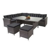 Poly-Rattan-Garnitur HWC-A29, Gartengarnitur Sitzgruppe Lounge-Esstisch-Set Sofa  grau, Kissen grau + 2x Hocker