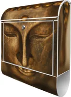 banjado Design Briefkasten Stahl weiß mit Zeitungsfach pulverbeschichtet "Buddha Gold" 38x46x12,5cm & 2 Schlüssel - Postkasten A4 Einwurf inkl. Montagematerial [BKW 10087]