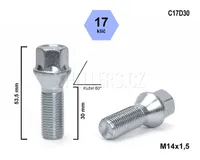 Kolový šroub M14x1,5x30 kužel, klíč 17, C17D30, výška 53,5 mm