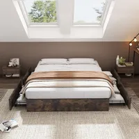 Flieks Stauraumbett Doppelbett 140x200cm mit 4 Schubladen, Bodenbett Jugendbett Kinderbett  ohne Kopfteil, Metallbett Klassisches Bett, Braun