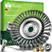 tillvex® Profi Unkrautbürste für Freischneider & Motorsense | Wildkrautbürste 25,4 & 20mm Bohrung | Drahtbürste zur effektiven Unkrautentfernung | Bürste inkl. Montagezubehör