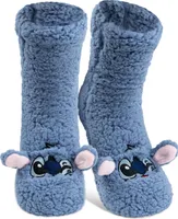 Disney Lilo & Stitch Hüttensocken - Flauschige Sherpa Haussocken mit Ohren für Damen Kuschelsocken Wintersocken warme Frauen Socken OneSize Blau, Größe:38-43