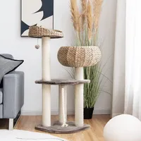 GOPLUS Kratzbaum, Katzenbaum mit Sisal-Säulen, Hängender Ball und eine Schlinge, geräumige Aussichtsplattform, Katzennest aus Stroh