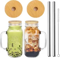 24oz Bubble Tea Becher mit Deckel und Strohhalm, Trinkgläser mit Bambusdeckel, Einmachgläser mit Henkel, Bubble Tea Gläser Glasbecher,