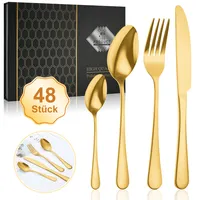 7MAGIC Besteck Set 12 Personen, 48-teiliges Besteckset, Edelstahl Essbesteck Set mit Messer Gabel Löffel, Spülmaschinenfest, Gold