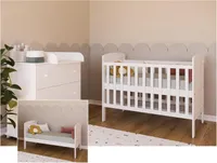 Babybett und Kinderbett 3in1 mit Matratze, Zahnschienen, 2 herausnehmbare Sprossen Holz und höhenverstellbar Weiß, umbaubar zum Juniorbett