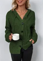 ASKSA Damen Langarm Grobstrickjacke Kordelzug Kurz Strickjacke Herbst Winter Strickmantel mit Kapuze, Armeegruen, XL