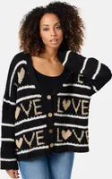 PM SELECTED Festliche Damen Strickjacke mit goldenem Love Muster Gestreift Cardigan Jacke Pullover Gestrickt PM68 Schwarz Einheitsgröße 34 - 38