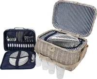 Picknickkorb aus Weide geflochtenIsolierfach 21 teilig Picknick für 4  - blau-weis-gestreift