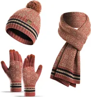 Damenmütze Schal und Handschuhe Set Warm / Gefütterte Beanie Mütze Touchscreen Handschuhe Rot