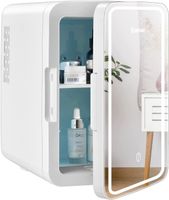 GOPLUS 2 in 1 Mini Kühlschrank mit LED Spiegel, 10 L AC/DC Fridge mit Kühl- & Heizfunktion & 3 Helligkeiten, Tragbarer Kühlschrank mit Abnehmbaren Ablagen