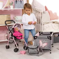 Bayer Design 21533AB Puppenbuggy Set mit Bett, Spielbogen, Tasche, Zubehör, grau, rosa