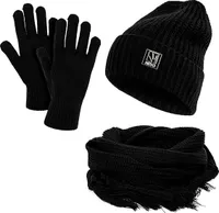 Damen Mütze Schal Handschuhe Set für Winter Beanie Strickmütze Winterschal  mit Fransen Schwarz