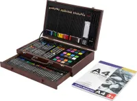 ECD Germany Malset mit Holzkoffer, 141-Teilig, 37x24,5x9 cm, Braun, Kunst- und Zeichenset für  Kinder & Erwachsene, Malkasten mit Buntstiften, Ölpastellkreiden, Buntstiften, Skizzenstiften, Aquarellkuchen & Zubehör