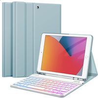 Fintie Tastatur Hülle für iPad 9 8 7 Generation (2021/2020/2019) 10.2 Zoll 7-farbig beleuchtete abnehmbare Tastatur mit Schutzhülle, QWERTZ Layout, Eisblau