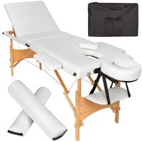 tectake 3-zónový masážny stôl Daniel s čalúnením, kolieskami a dreveným rámom - biely