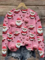 ASKSA Damen Weihnachtspullover Lustig 3D Drucken Weihnachten Sweatshirt Langarm Print Rundhals Niedlich Kapuzenpullover Weihnachtspulli Damen Xmas Pullover,D Rosa,L