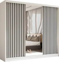 240 cm Kleiderschrank Erika mit Lamellen und Spiegel inklusive 3 Schiebetüren Schwebetürenschrank Kleiderstange Lieferung bis in die Wohnung (Farbe: weiß, weiß, Lamelle schwarz)