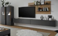 Wohnwand Center grau matt Eiche Schrankwand 5-teilig 440 x 180 cm mit XXL TV-Board hängend
