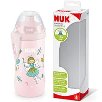 NUK Junior Cup Trinklernflasche mit Push-Pull-Tülle 300ml ab 18 Monaten auslaufsicher mit Clip BPA frei Feen pink