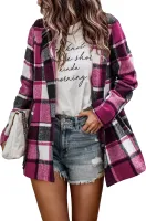 ASKSA Damen Hemdjacke Kariert Flanell Warme Bluse mit Taschen Hemd Jacke Freizeithemd, Rosa, M