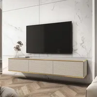 BETTSO Wisząca szeroka szafka RTV do salonu półka telewizyjna trzydrzwiowa nowoczesny stolik telewizyjny do salonu ORO 175 cm Fronty listwowe Beżowy