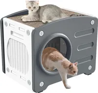 JOIEYOU Katzenhaus Outdoor Katzenhöhle Katzenhütte mit Kratzbretter Katze Winterfest Wasserdicht Draußen Kunststoff Katzenhäuschen Grau+Weiß,55,3x40,5x46 cm