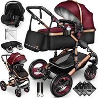 Kiduku Kinderwagen Komplettset, Kombikinderwagen Set inkl. Babywanne Buggy Auto-Babyschale Fußsack, Voll-Gummireifen Wickeltasche Regenschutz Kindertisch (Bordo/Schwarz)