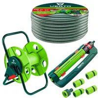 VERTO Schlauchtrommel + Gartenschlauch 30m + Oszillierender Sprinkler + 3 x Schlauchverbinder, Wasserstop, Hahnverbinder