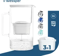Wessper szklany dzbanek filtrujący do wody 3,L Kompatybilny z wkładami filtrującymi Brita, w tym 4 wkłady filtrujące, biały