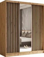 Masseno Schiebetürenschrank LAMELLO 180 cm Kleiderschrank Schlafzimmer Schrank 3-türig mit Spiegel und Lamellen Eiche Artisan