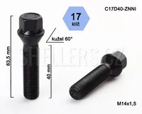 Kolový šroub M14x1,5x40 kužel, klíč 17, černé, C17D40-ZNNI, výška 63,5