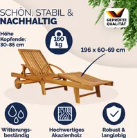 Casaria® Sonnenliege 2er Set Klappbar Wetterfest 2 Personen Holz Gartenliege mit 2 Räder Ablage Tisch Liegestuhl Verstellbare Rücken- Fußlehne Garten 196cm