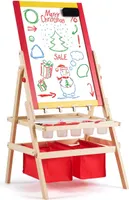 Dětský stojan COSTWAY 3 v 1, dětská oboustranná tabule, tabule a křída a papír na kreslení, stojící tabule, hrací tabule, dřevěná tabule, včetně 2 úložných boxů a příslušenství