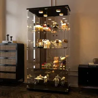 Glasvitrine mit Beleuchtung, Glasvitrine in Schwarz，Vitrinenschrank Schwarz，Sammlervitrine mit 4-stufigen Einlegeböden，Glasständer, Aluminium, gehärtetes Glas, 80,49 x 36,49 x 163,9 cm
