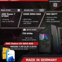 SYSTEMTREFF Gaming Komplett PC - Ryzen 7 5700X - AMD RX 6600 8GB - 32GB DDR4 - 1TB M.2 SSD (NVMe) MSI Spatium +  - 24 Zoll TFT - Desktop