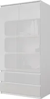 JOELLE - Kleiderschrank mit 2 Türen und 2 Schubladen - Weiß Matt / Weiß Gloss H180cm B90cm T50cm