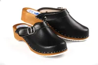 CLOGS Pantolette Sandalette Holz Leder Holzschuhe Holzclogs Damen Klotschen Schwarz 36