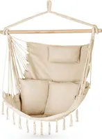 Outtec® Závěsné křeslo se 3 polštáři - 100x130x75cm, do 140 kg - Boho křeslo s třásněmi, sedací vak, houpačka pro venkovní použití, zahradu, balkon, dům - béžová barva
